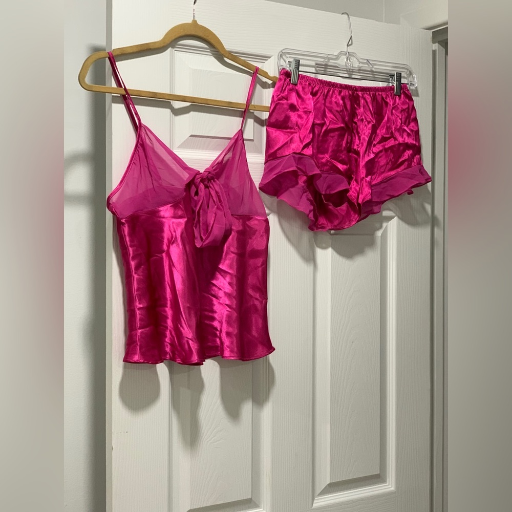 Pink satin risqué pjs with partly sheer top ( in the right places 😉)